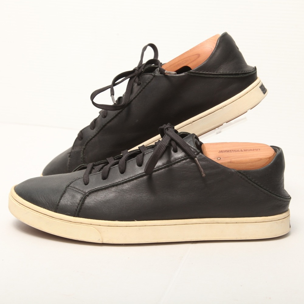 OluKai Kahu Pahaha Sneakers Mens 8 Black Leather Low Top Drop-In Heel